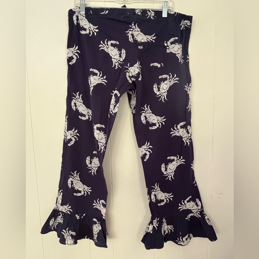 BUCKHEAD BETTIES Blue & White CRAB Print Ruffle Bottom Lounge Sleep Pants Small - Picture 1 of 8